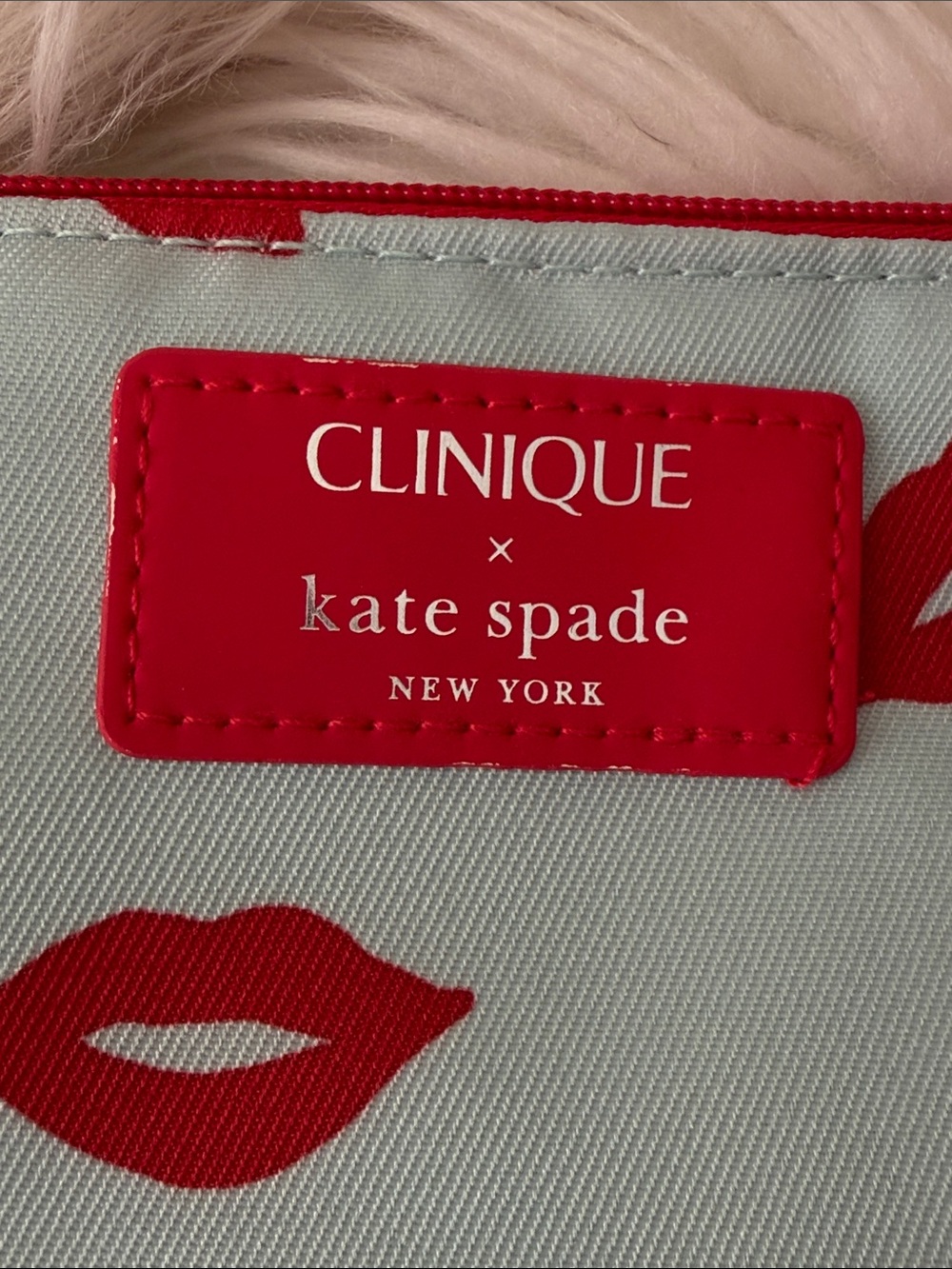 Clinique x Kate Spade Sky Blue Cosmetic Pouch with Red Lip Print - Picture 2 of 6